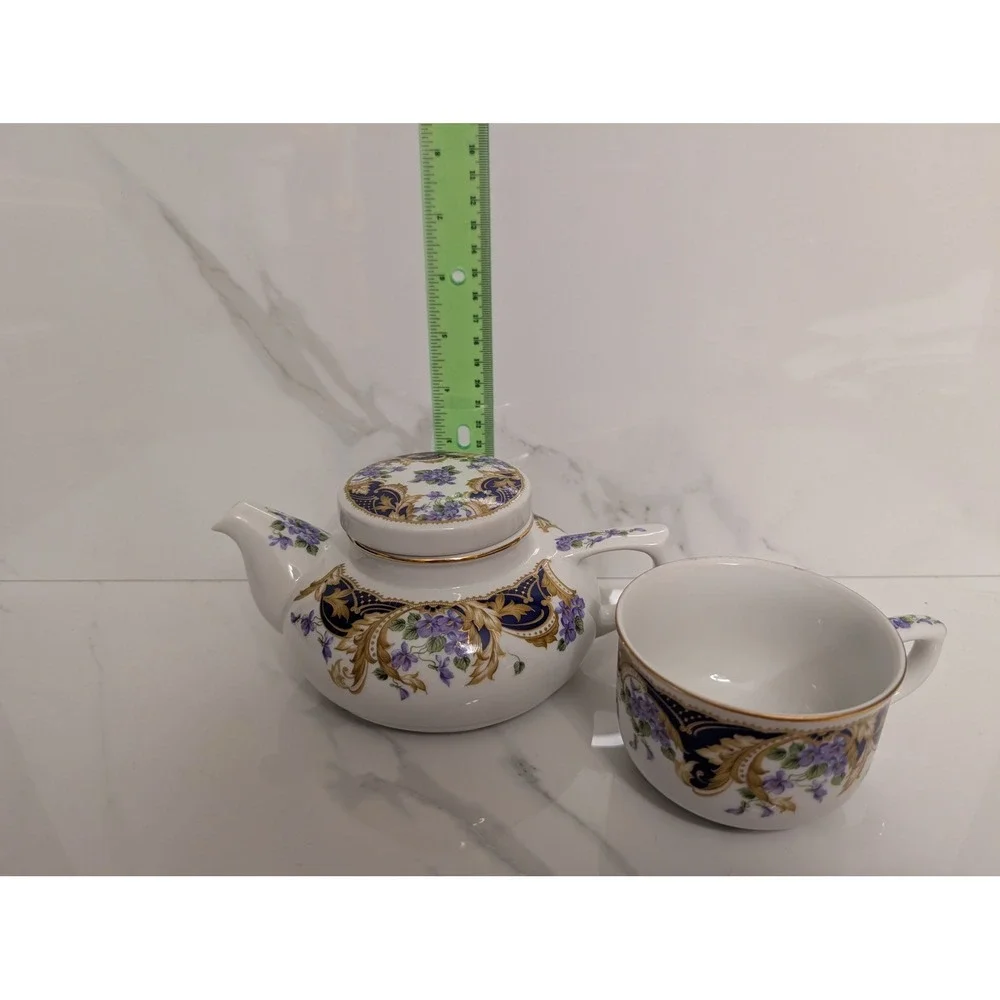 Andrea by Sadek Royal Violets Tea for One Set Porcelain Teapot Cup Japan Cobalt